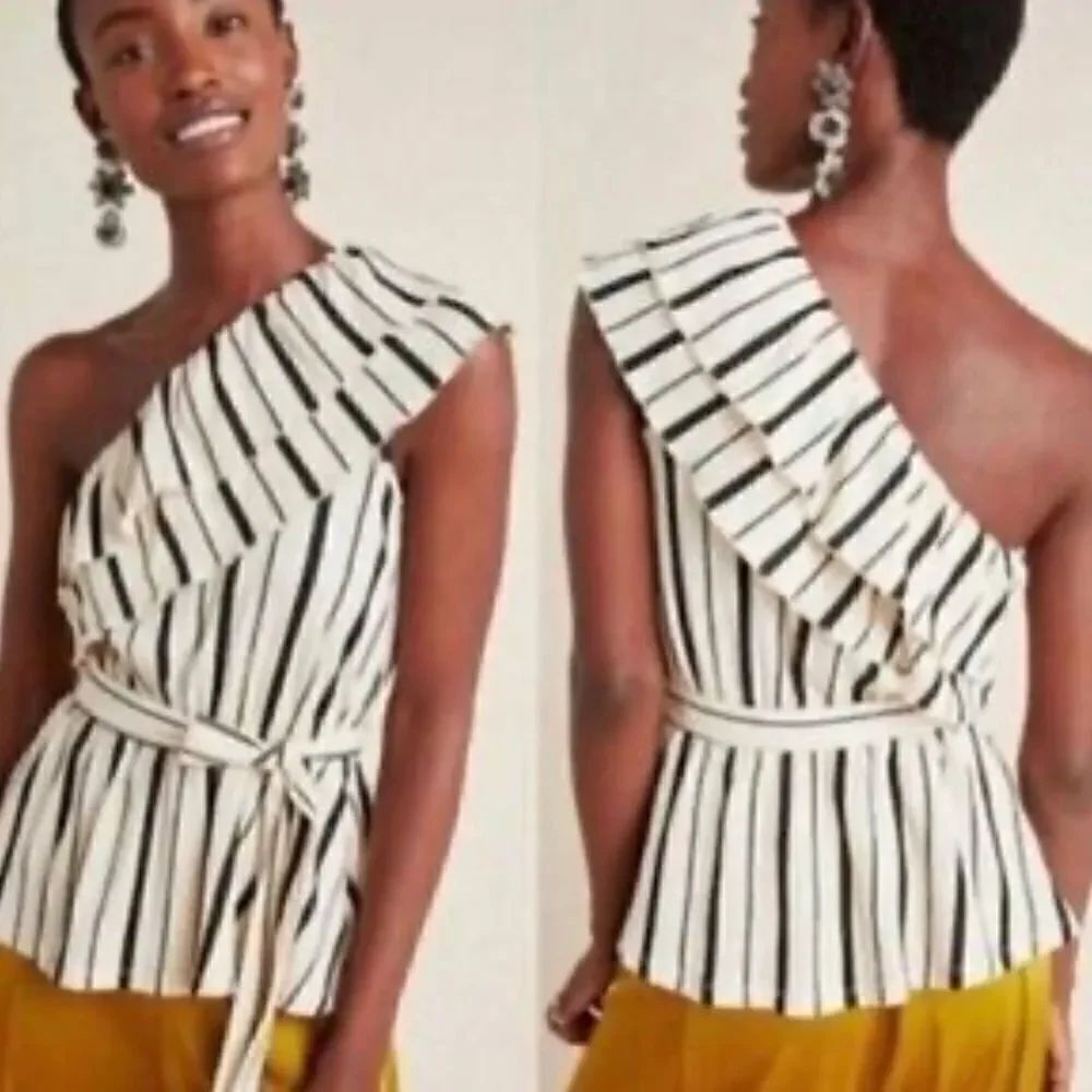 Anthropologie Cream and Black Striped Ruffle Blouse Women’s Small